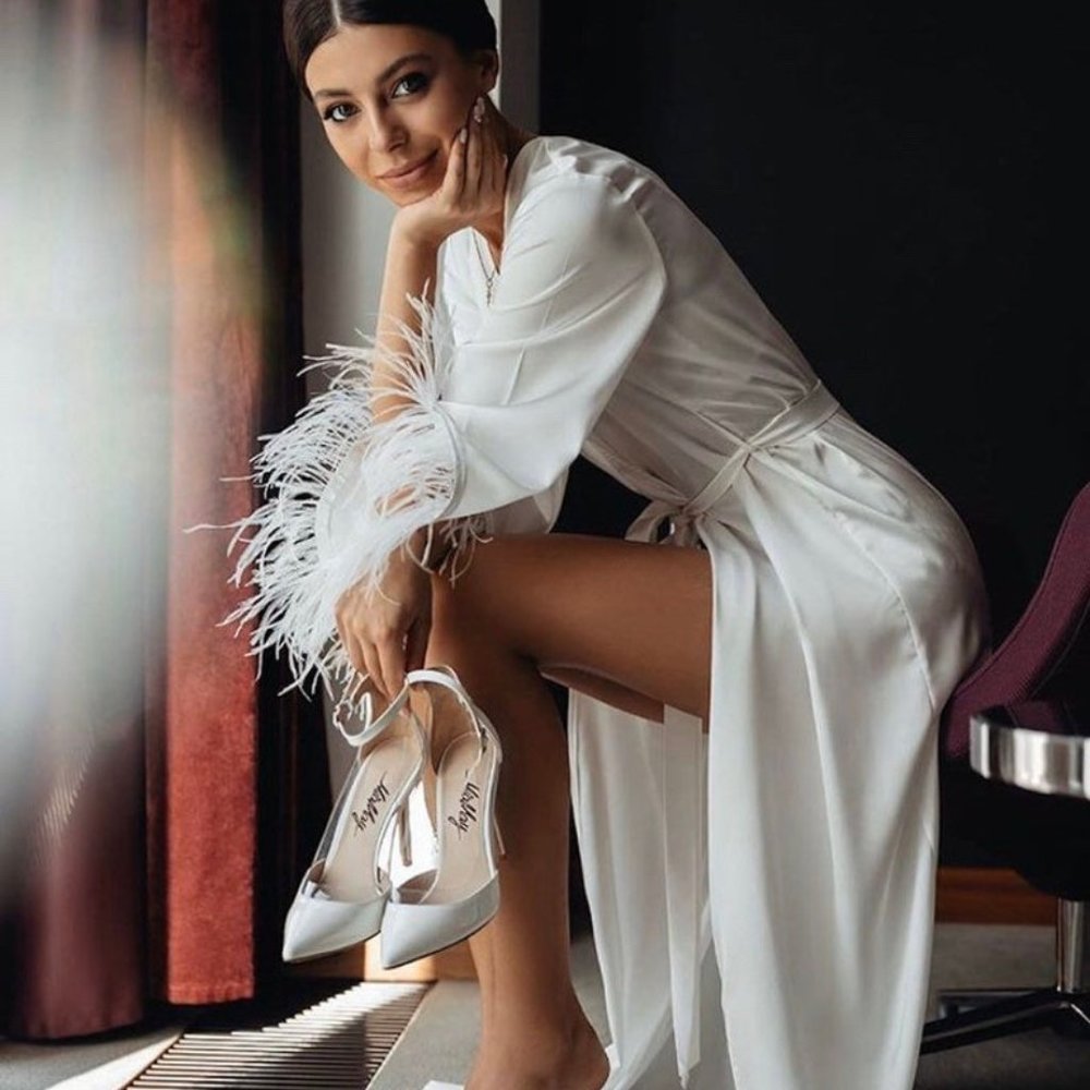 Long Silk Robe with Feather Sleeves